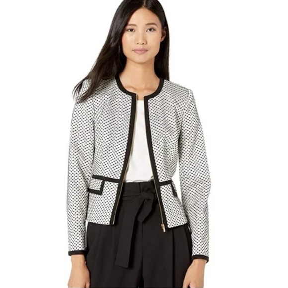 Calvin Klein Women's White & Black Zip-Front Piped Piqué Peplum Jacket Size 6 - Picture 1 of 7